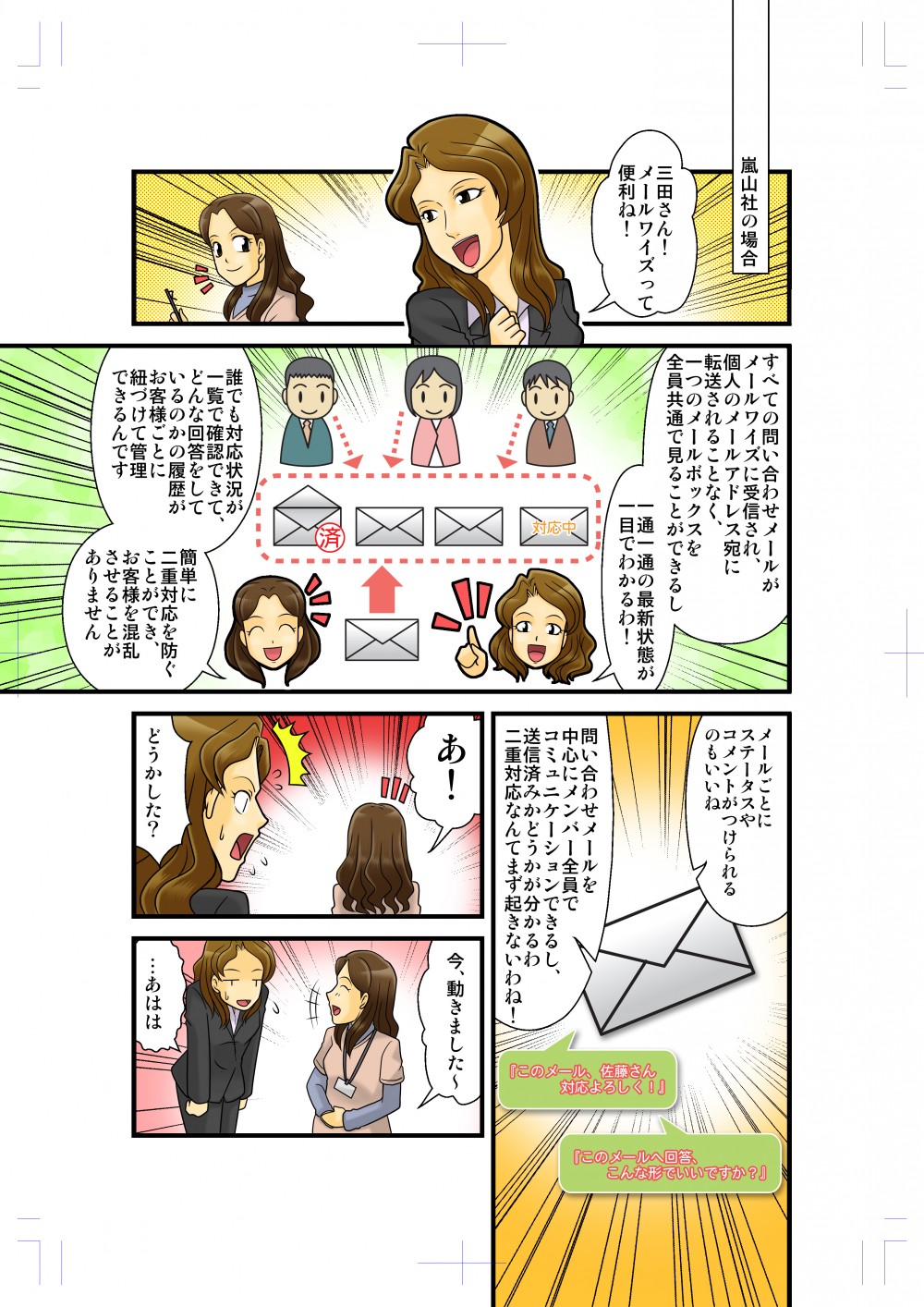 全ての問い合わせメールがメールワイズに受信され、個人のメアド宛に転送されることなく全員共通で見ることができて便利。