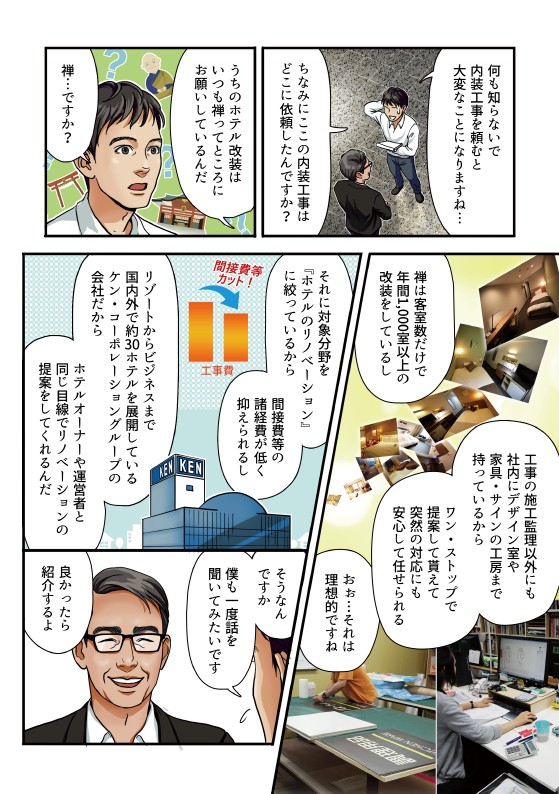 何も知らないで内装工事を頼むと大変なことになりますね。ちなみにここの内装工事はどこに依頼したんですか。うちのホテル外車はいつも禅って所にお願いしてるんだ禅ですか。客室だけで年間1000匹以上の改造しているし、工事の施工監督以外にも社内にデザイン室や家具、サインの工房まで持っているからワンストップで提案してもらえて突然の対応にも安心して任せられる。それは理想的ですね。それに対象分野をホテルのリノベーションに絞っているから間接費等の諸経費が低く抑えられるしリゾートからビジネスまで国内外で約30ホテル展開している間、コーポレーショングループの会社だからホテルオーナーや運営者と同じ目線でリノベーションを提案してくれるんだ。僕もいちど話を聞いてみたいですよかったら紹介するよ。