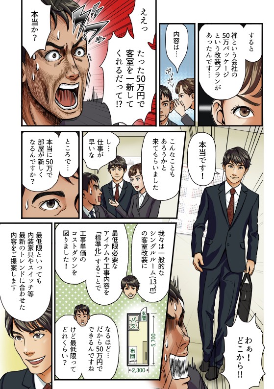 すると禅という会社の50万パッケージという改装プランがあったんです…ええっ、たった50万円で客室を一新してくれるだって！？最低限必要なアイテムや工事内容を「標準化」することで、工事単価のコストダウンを図りました！最低限といっても、内装家具やスイッチ等、最新のとトレンドに合わせた内容をご提案します