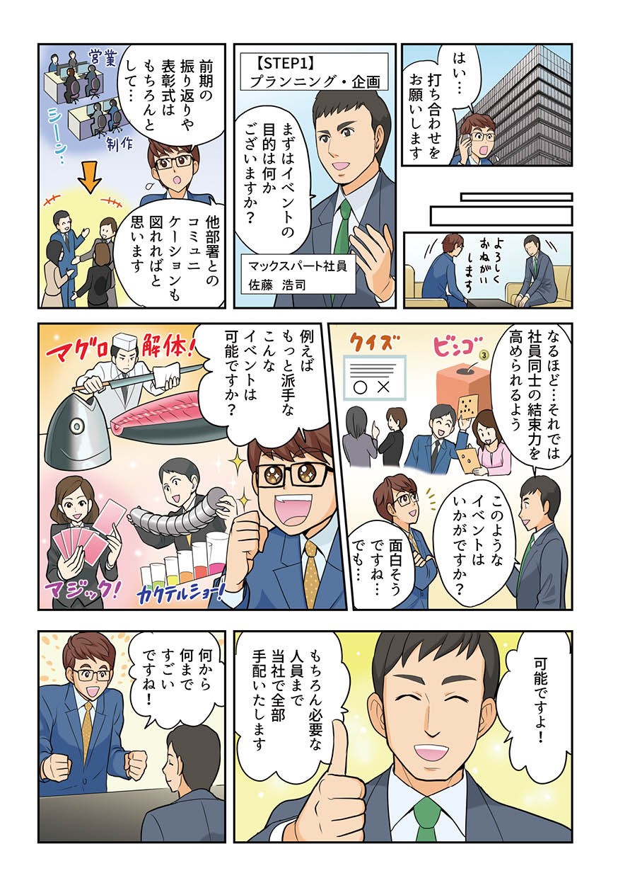 マックスパートさんとの企画開始。プランニング。社員同士の結束力を高められるようなイベントを提案。