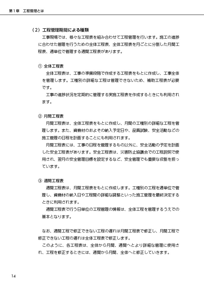 工程管理期間による種類。工事現場では、様々な工程表を組み合わせて工程管理を行ないます。施工の進捗に合わせた管理を行なうための全体工程表、全体工程表を月ごとに分割した月間工程表、週単位で管理する週間工程表があります。