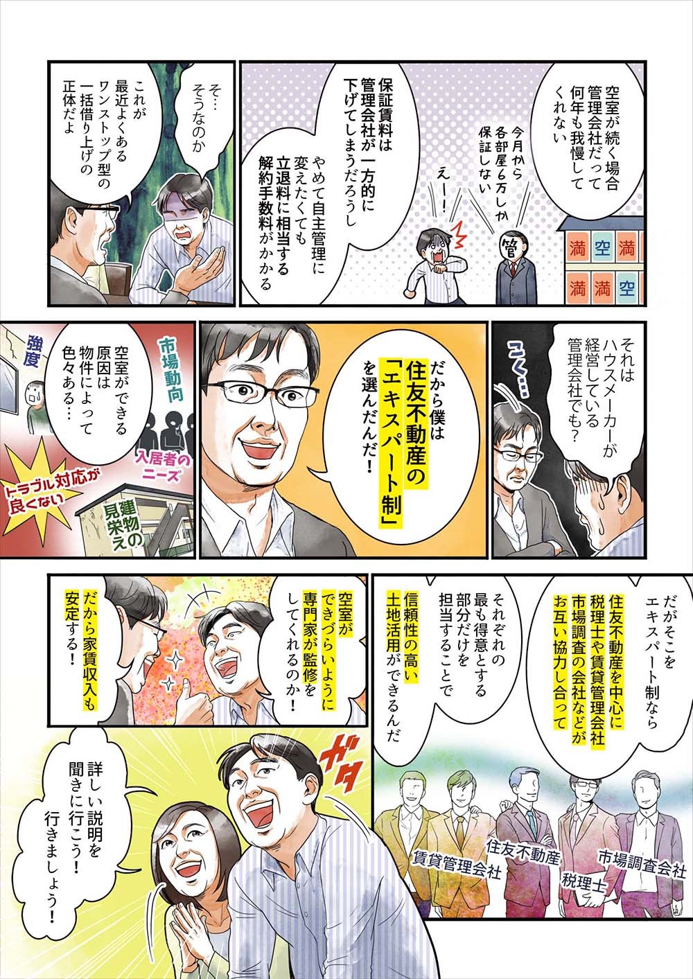 空室が続く場合は管理会社は何年も我慢してくれない、保証賃料は管理会社が一方的に下げられるだけでなく、自主管理に変えたくても立退料に相当する解約手数料が…。そこで住友不動産のエキスパート制。空き室の原因は物件により異なるが、住友不動産を中心に税理士・賃貸管理会社・市場調査会社が協力し合うため信頼性の高い土地活用が可能に。
