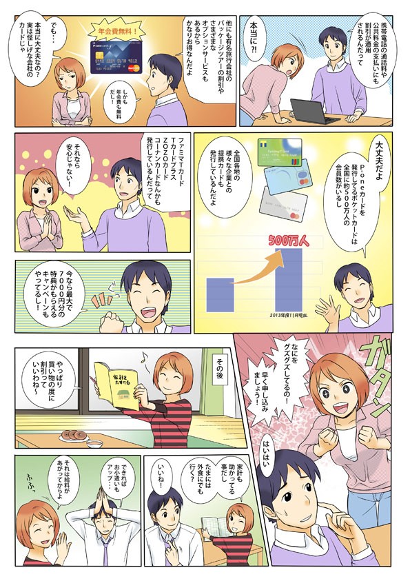 P-oneカードの割引を活用してハッピーになる主人公。ファミマTカードなども発行している。