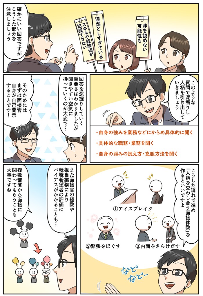回答を深堀りしていく重要さはわかりましたが、聞きやすい空気に持っていくのが大変で…そのためにはまず面接官自身が自己開示することです！こうした流れで進め「人柄を交し合う面接体験」を作るといいですよ。また面接官の経験や担当業務により、転職希望者の評価にバイアスがかかることも…複数部署から面接に関わってもらうことも大事ですね