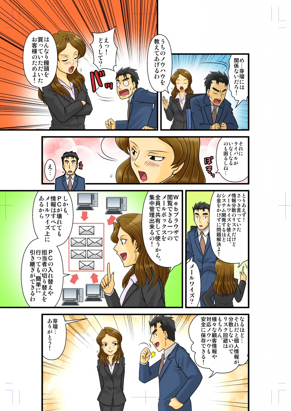 Webブラウザで閲覧できる一つのメールボックスを全員で共有して使うから集中管理できる。しかもPCが壊れても情報はすべてメールワイズ上にあるからPCの入れ替えや担当者の切り替えを行っても簡単に引き継がれる。