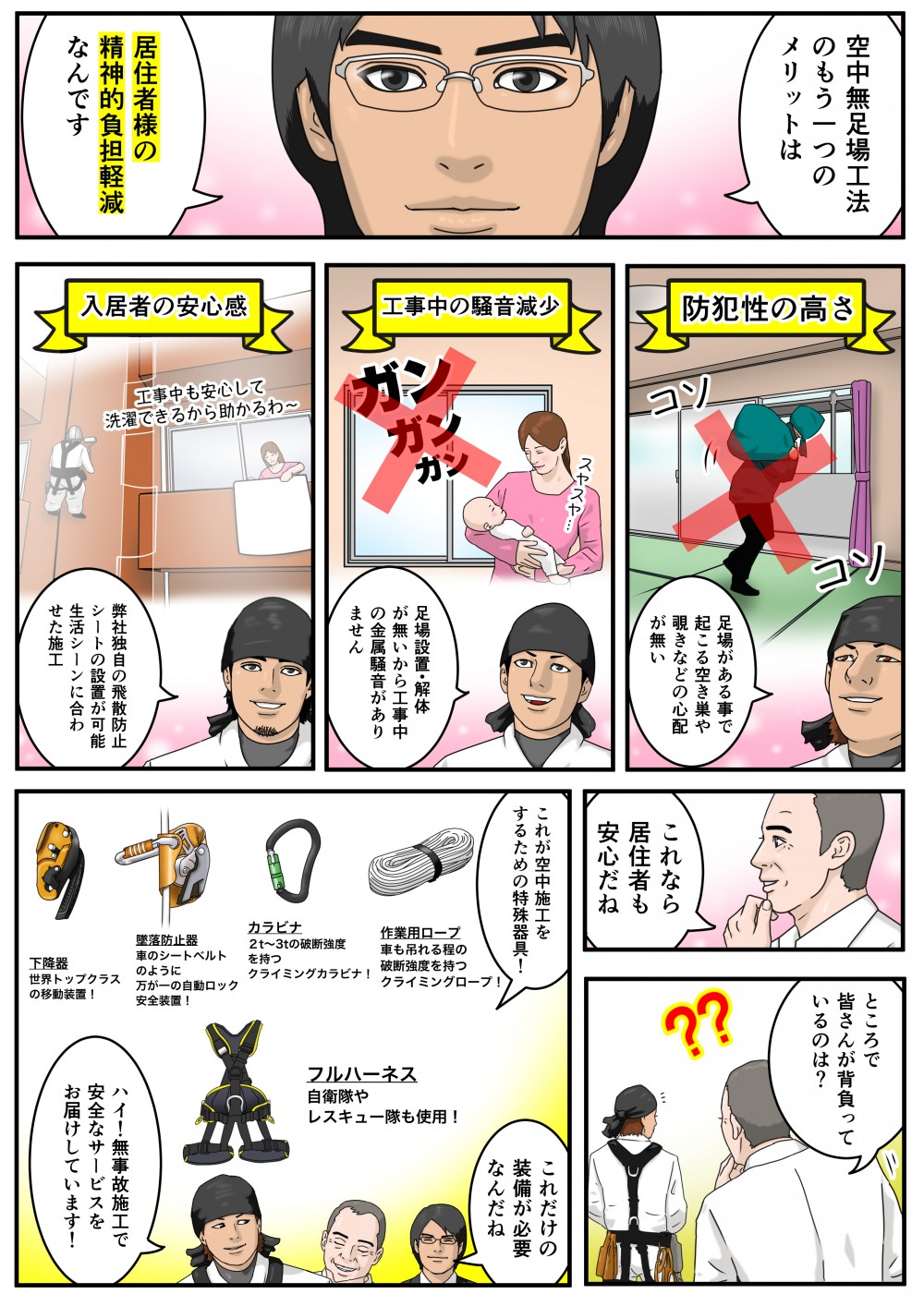 空中無足場工法のもう一つのメリットは居住者様の精神的負担軽減なんです足場がある事で起こる空き巣や覗きなどの心配が無い足場設置・解体が無いから工事中の金属騒音がありません弊社独自の飛散防止シートの設置可能生活シーンに合わせた施工