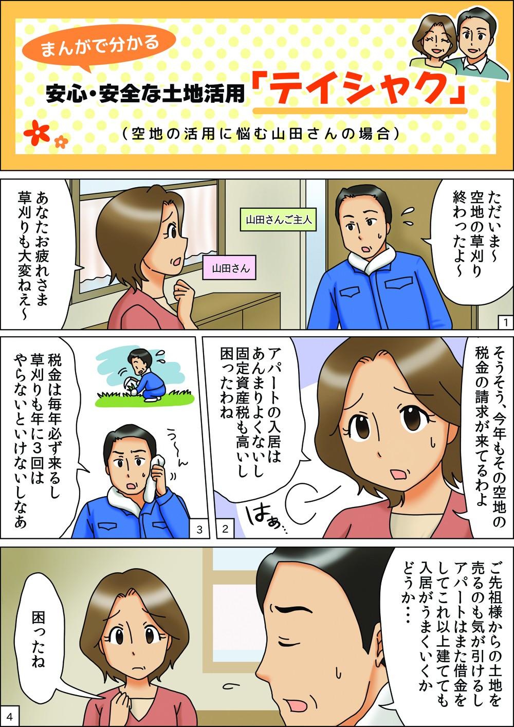 山田家の空き地に対する毎年の税金の請求や年３回の草刈りが大変となげいている。所有しているアパートに対する固定資産税も高くついている。