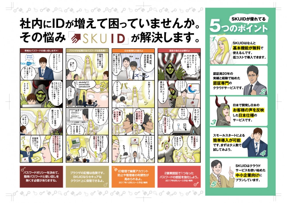 社内にIDが増えて困っていませんか。その悩みSKUIDが解決します。SKUIDが優れている5つのポイント。基本機能が無料。認証専門のクラウドサービス。お客様の声を反映した日本仕様のサービス。簡単導入が可能。中小企業向けにプラン。