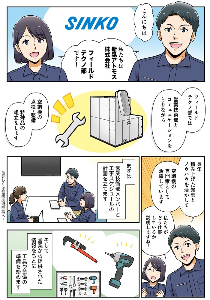 私たちは新晃アトモス株式会社フィールドテクノ部です！フィールドテクノ部では営業技術部とコミュニケーションをとりながら、空調機の点検・整備、特殊品の組立をします。長年積み上げた知恵とノウハウを活かして、空調機の専門家として活躍しています。まず営業技術部メンバーと工事スケジュールの計画を立てます。そして営業から提供された情報をもとに、工具や装備の準備を始めます。