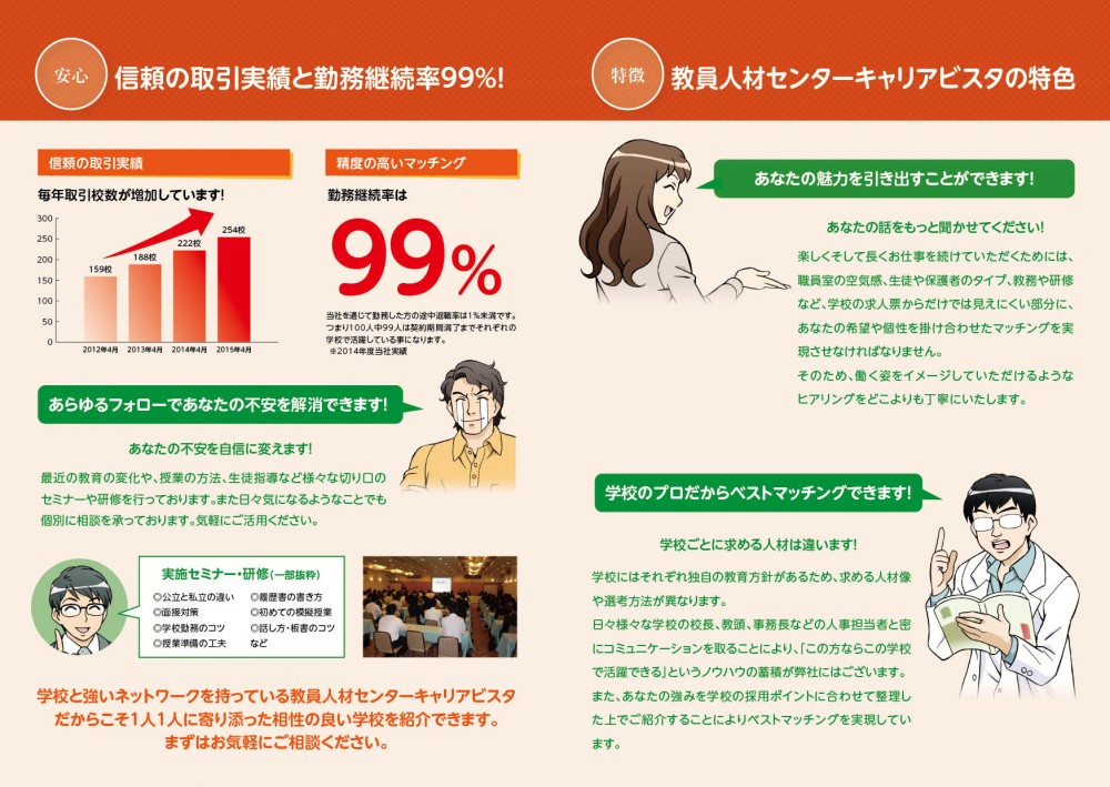 信頼と取引実績の勤務継続率99％！
教員人材センターキャリアビタスの特色