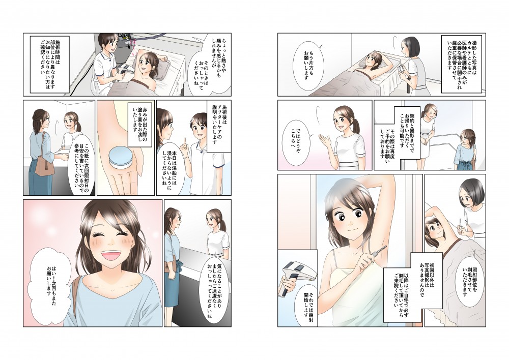 撮影した写真はカルテとともに医師や看護師のみが必要な場合に開示され厳重に保管させていただきます。契約と撮影まででお帰りいただくことも可能です。その際は再度ご予約をお願いしております。初回以外は写真撮影はありませんので、以降はご自宅で必ず剃毛して頂いてからご来院ください。施術時間は部位により異なります。お知りになりたい方はご確認ください。施術後は二―ケアの説明をいたします。赤みが出た際の塗り薬をお渡しいたします。次回もまたお願いします。