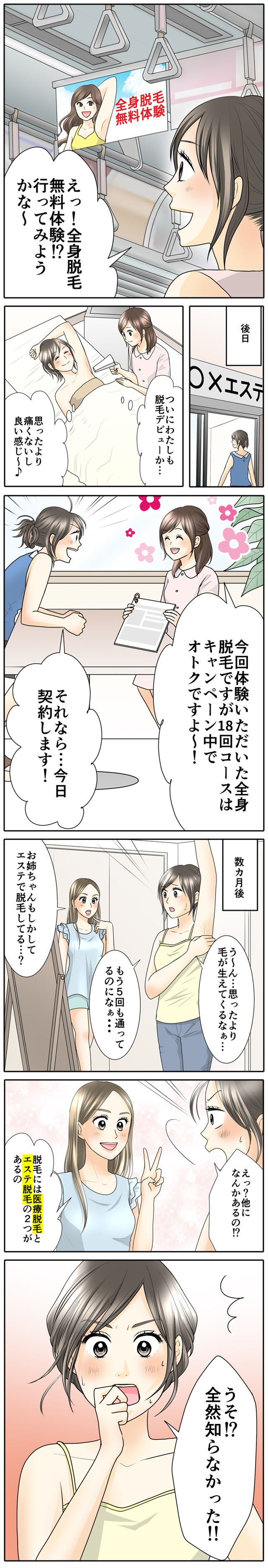 全身脱毛無料体験?行ってみようかなぁ。後日。ついに私も脱毛デビューか思ったよりも痛くないしいい感じ。今回体験いただいた全身脱毛ですが18回コースはキャンペーン中でお得ですよ。それなら今日契約します。数ヶ月。思ったより毛が生えてくるなぁ。もう五回も通ってるのになぁ。姉ちゃんもしかしてエステで脱毛してる。他に何かあるの?脱毛には医療脱毛とエステ脱毛の2つがあるの。うそ?全然知らなかった。
