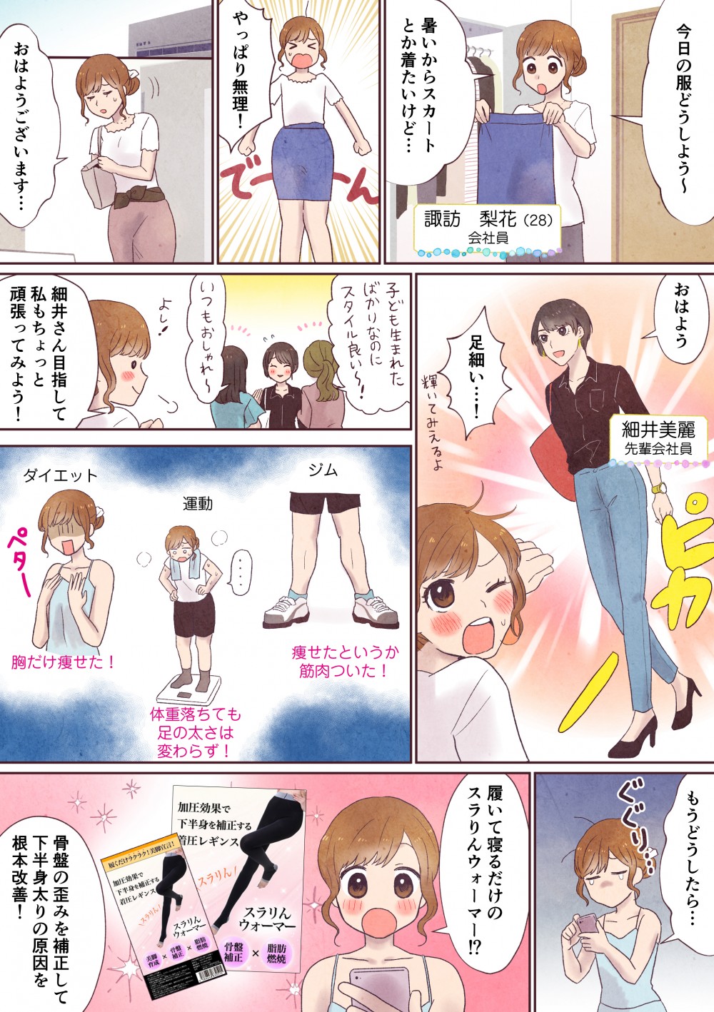 主人公がスカートをはこうとするが、サイズ的に無理。スタイルの良い先輩を目指し、努力するが結果がでない。そんな時にスラりんウォーマー を見つける。