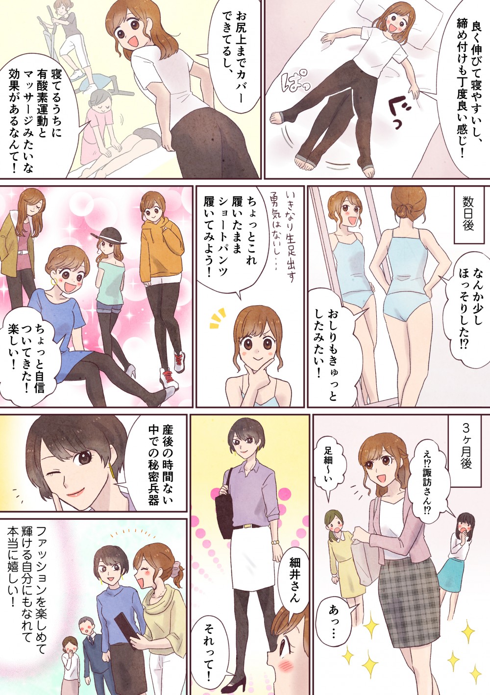 スラりんウォーマー の機能説明。ちょうどいい締め付け具合ではいているだけで、有酸素運動とマッサージ効果が得られる。効果が出たので、自信を取り戻し、充実した毎日を過ごすようになる。