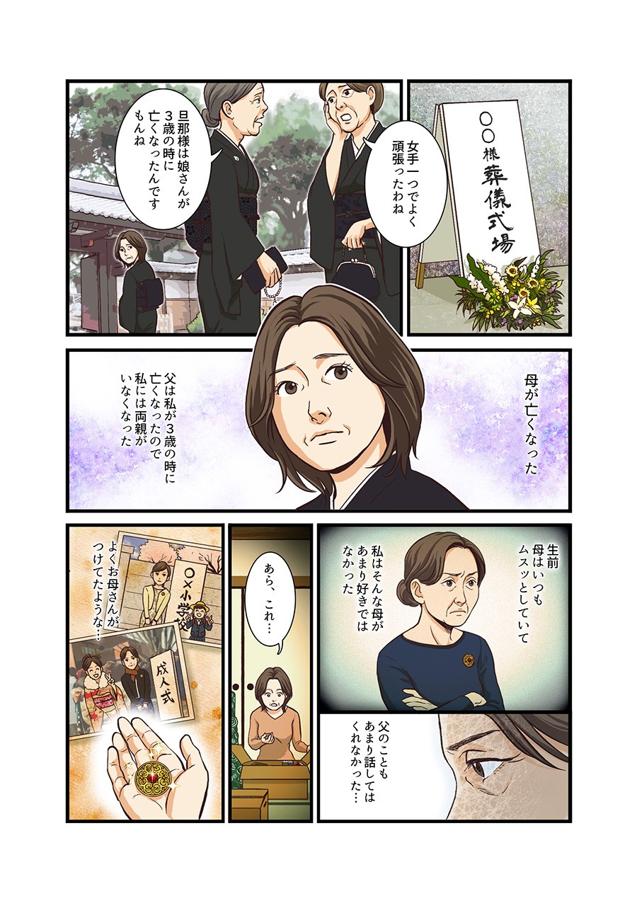 母が亡くなって葬儀に参加する主人公。PC用マンガ１
