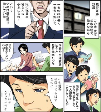 熊谷正寿21歳このとき彼は父の会社で働きながら同時に学士画としてまた夫、父として一人４役をこなしていた