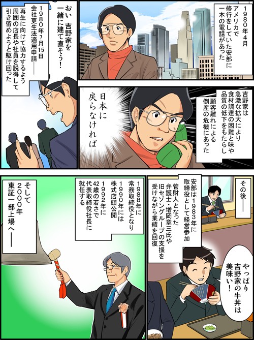 1980年4月アメリカで修行をしていた安部に一本の電話があった。吉野家は急激な拡大により食材調達の困難と味や品質の低下をもたらし顧客離れによる倒産の危機にあった。日本に戻らなければ。おい吉野家を一緒に建て直そう！1980年7月15日会社更生法適用申請。再生に向けて協力するよう周囲の店長や社員を説得して引き留めようと駆け回った。その後、安部は1983年に取締役として経営参加。管財人となった弁護士・増岡章三氏や旧セゾングループの支援を受けながら業績を回復。1988年に常務取締役となり1990年には株式店頭公開1992年に42歳の若さで代表取締役社長に就任する。そして2000年東証一部上場へ。