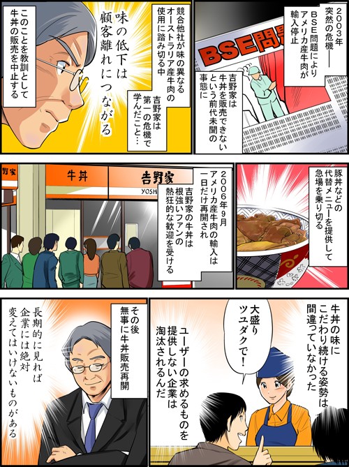 2003年突然の危機。BSE問題によりアメリカ産牛肉が輸入停止。吉野家は牛丼を販売できないという前代未聞の事態に。競合他社が味の異なるオーストラリア産牛肉の使用に踏み切る中吉野家は第一の危機で学んだこと。味の低下は顧客離れにつながる。このことを教訓として牛丼の販売を中止する。豚丼などの代替メニューを提供して急場を乗り切る。2006年9月アメリカ産牛肉の輸入は一日だけ再開され吉野家の牛丼は根強いファンの熱狂的な歓迎を受ける。牛丼の味にこだわり続ける姿勢は間違っていなかった。大盛りツユダクで！ユーザーの求めるものを提供しない企業は淘汰されるんだ。その後無事に牛丼販売再開。